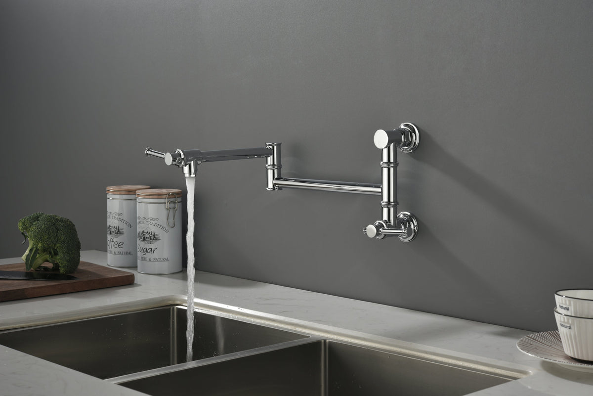 Wall mounted Pot Filler Faucet, Modern Brass Pot Filler Two-Attachment Wall Mount Folding Kitchen Pot Filler Swing Arm