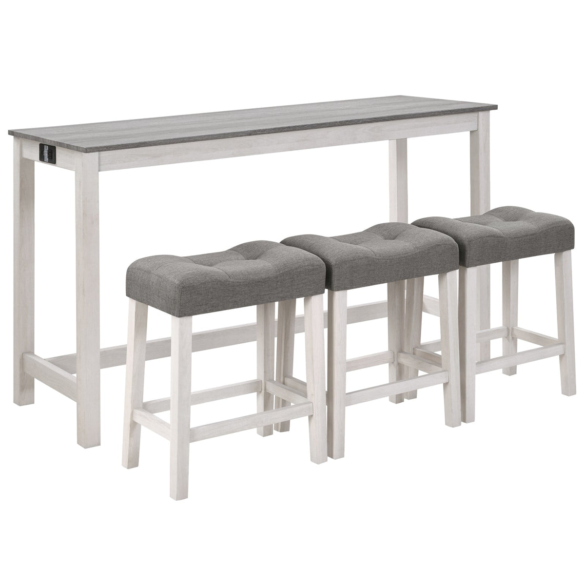 4 Piece Bar Table Set with Power Outlet,Bar Table Set with Chairs,Sofa Bar Table with Stools,Behind Couch Table with 3 Padded Stools,for Living Room,Dining room, White & Grey