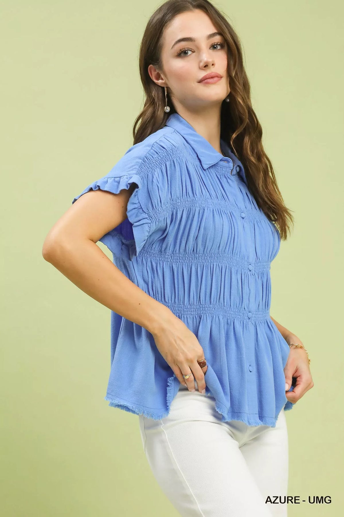 Umgee Washed Linen Blend Smocked Shirt