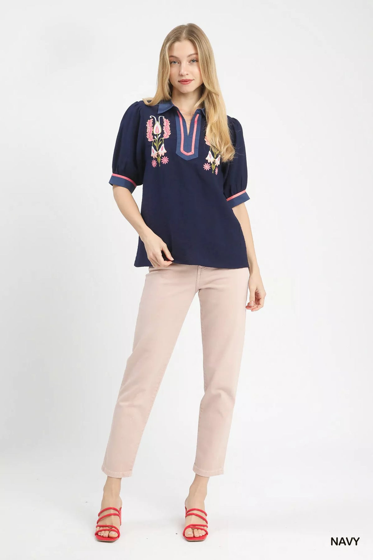 Umgee Embroidered Puff Sleeve Contrast Trim Top