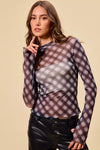 SO ME Plaid Mesh Knit Long Sleeve Top with Thumb Opening