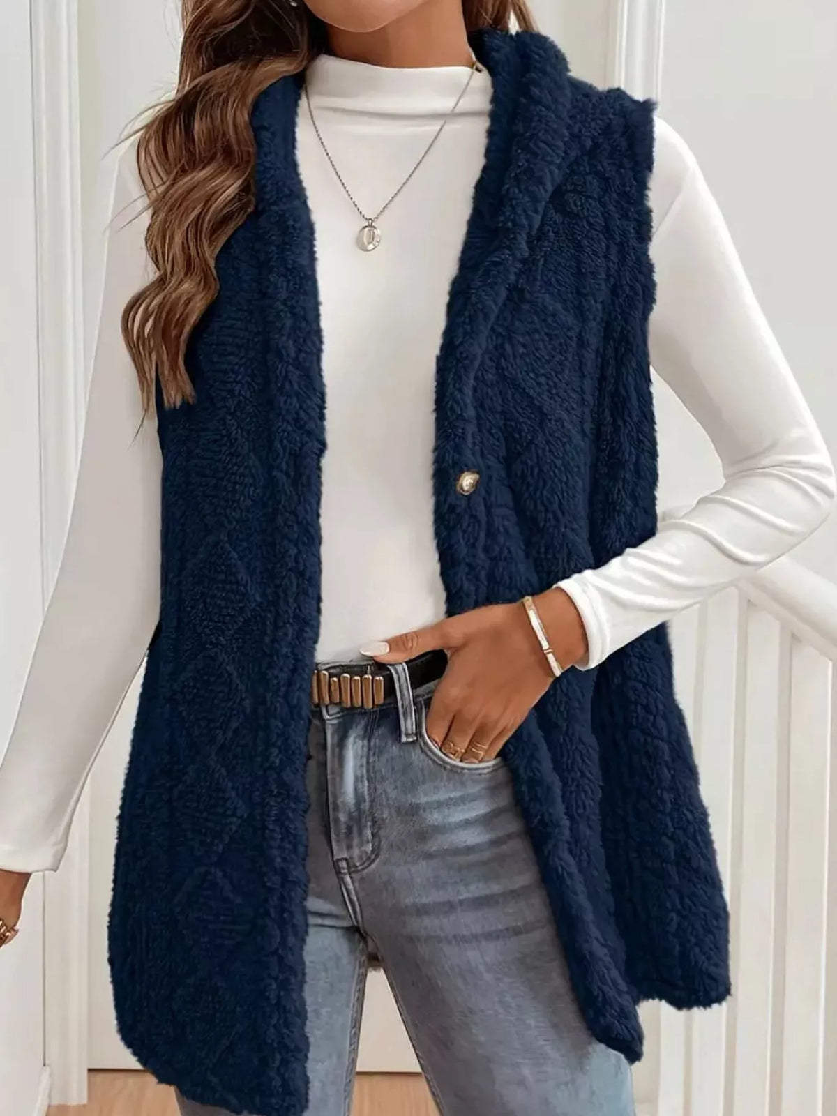 Button-Down Sherpa Hooded Vest Coat