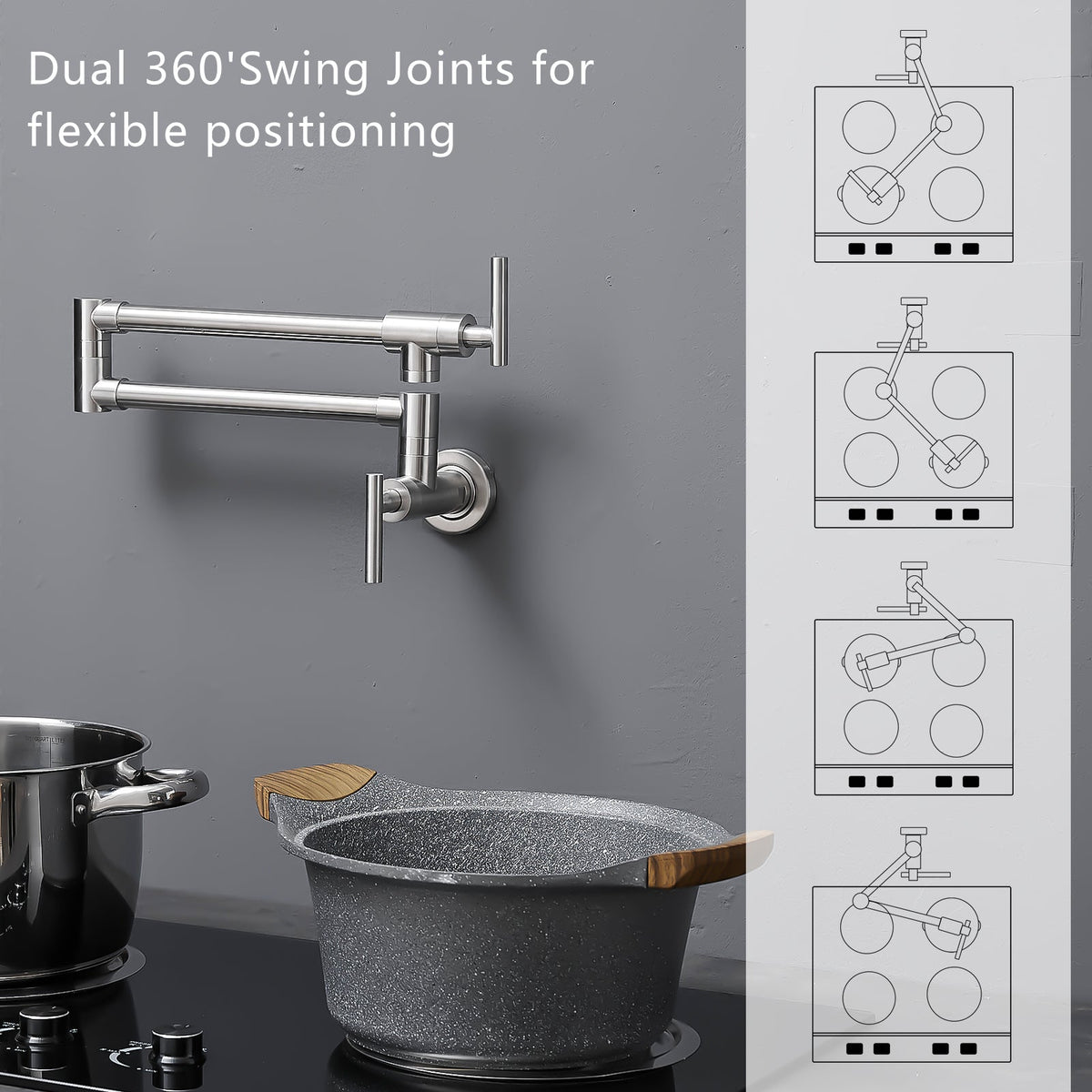 Pot Filler,Wall Mount Commercial Pot Filler Faucet,304 SS Material Kitchen Folding Faucet,Coffee Machine Faucet with Stretchable Double Joint Swing Arms,Style A,Black ened