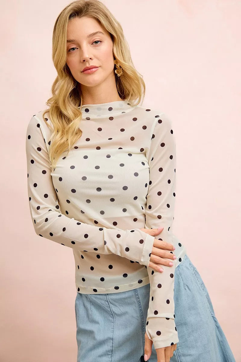 BiBi High Neck Line Polka Dots Mesh Top With Thumb Open