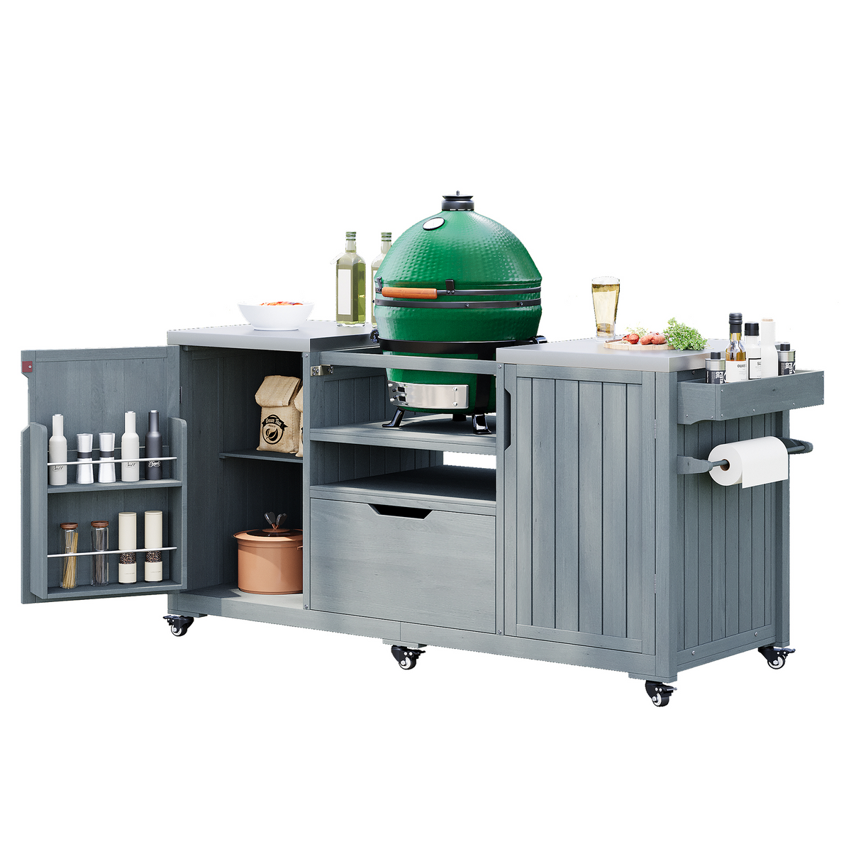 K&K 66.5' Outdoor Kitchen Island for Big Green Egg Grills, Solid Wood Outdoor Grill Cart for Tabletop Grill with Stainless Steel Top, Drawer, Compatible with Large Big Green Egg, Kamado Joe- Grey Blue