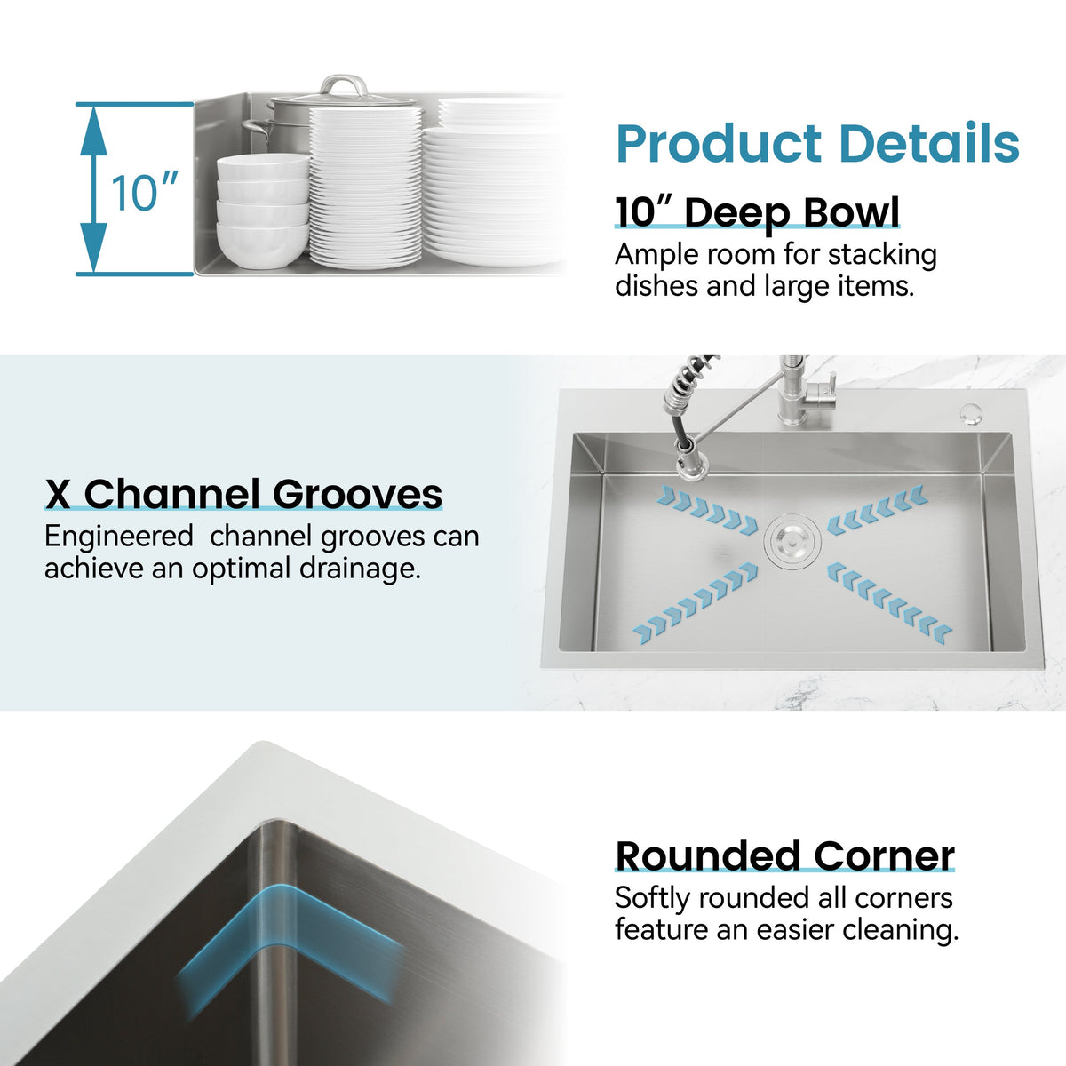 Stainless Steel Kitchen Sink, 27″x19″ Single Bowl, Overmount Handmade Sink in Dark Gray, with US Standard Drain and Hook