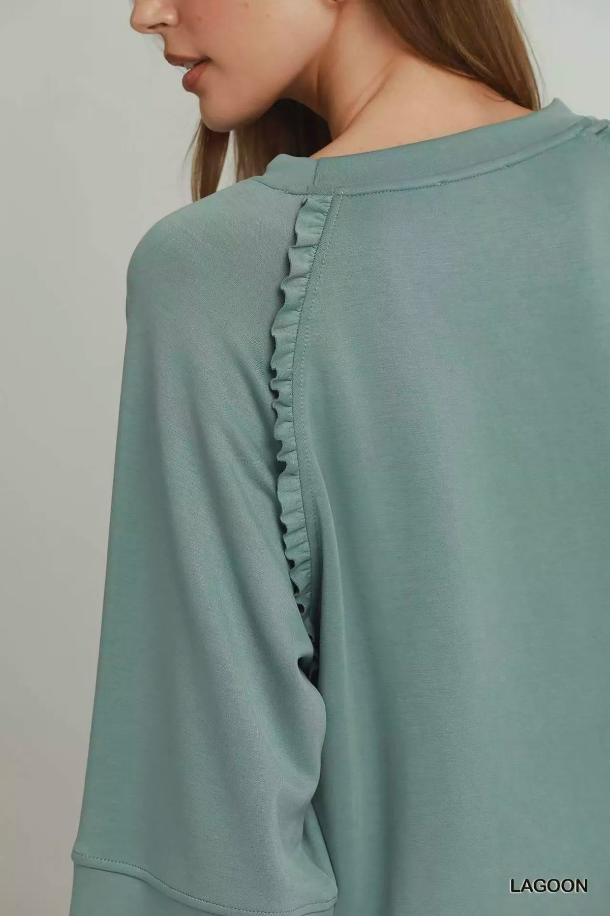 Umgee Ruffle Trim 3/4 Raglan Sleeve Top