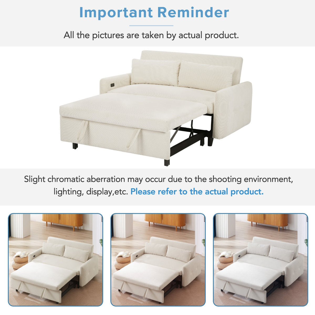 Modern Convertible Pull-out Sofa Bed with USB Ports and Pillows, Beige Corduroy, 57.48 inches