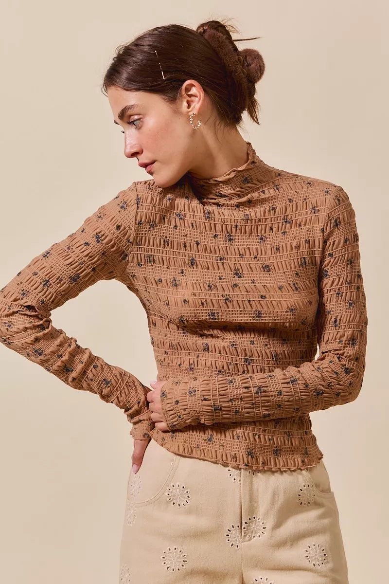 SO ME Floral Print Textured Long Sleeve Knit Top