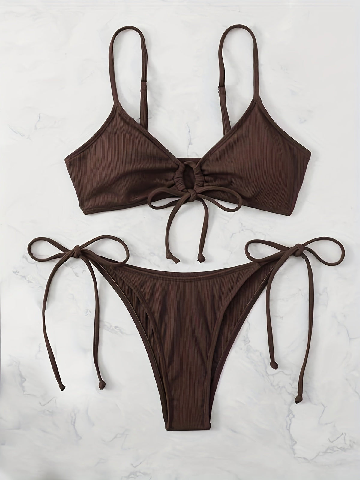 Bikini Solid Rib Knit 2 Piece Swimsuit – Ring Link Tie Front Triangle Bikini Set for Women – Hollow Out High Stretch V-Neck Top with Tie Side Bottoms – Trendy Beach & Pool Swimwear for Summer