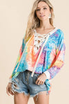 BiBi Tie Dye Deep V-neck Top With Lace Up Front
