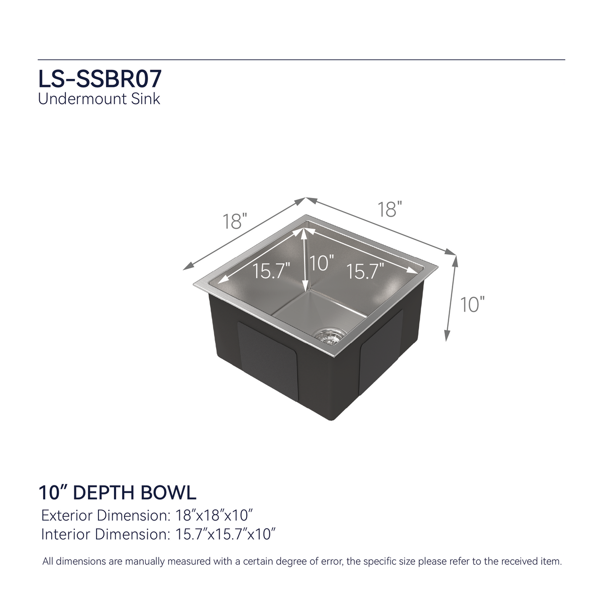 Stainless Steel Kitchen Sink, 18″x18″ Single Bowl, Undermount HandmadeSink in Brushed Nickel, with US Standard Drain and Hook, LS-SSBR07