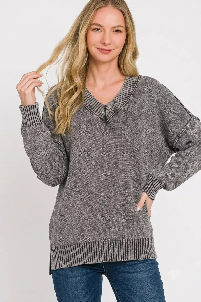 Zenana Washed Deep V-neck Oversized Sweater