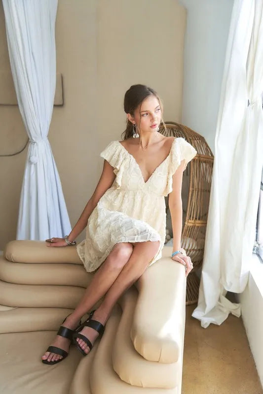 Tie Back V-Neck Ruffle Sleeve Summer Dress For Women – Elegant, Chic & Trendy V-Neck Fluttering Dress with Ruffles & Tie Detail