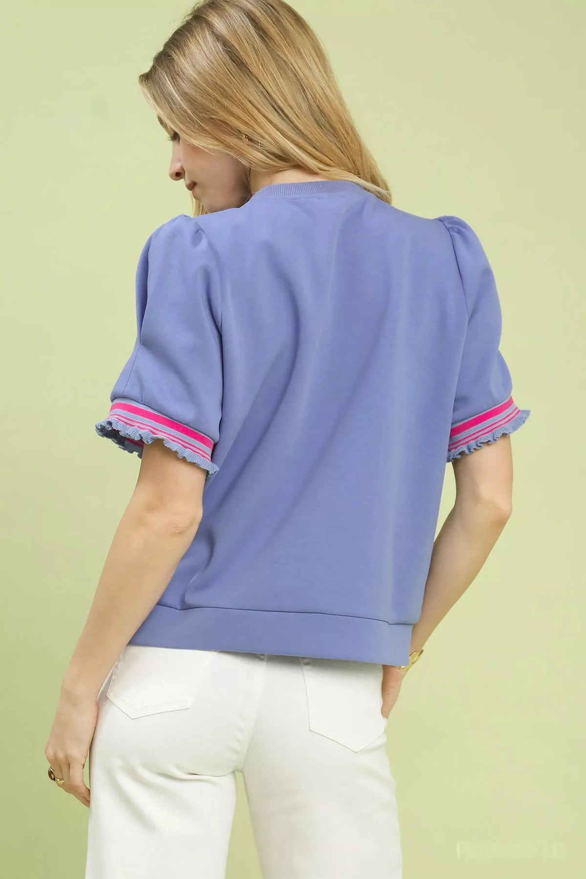 Umgee Puff Sleeve Button Front Top with Contrast Trim
