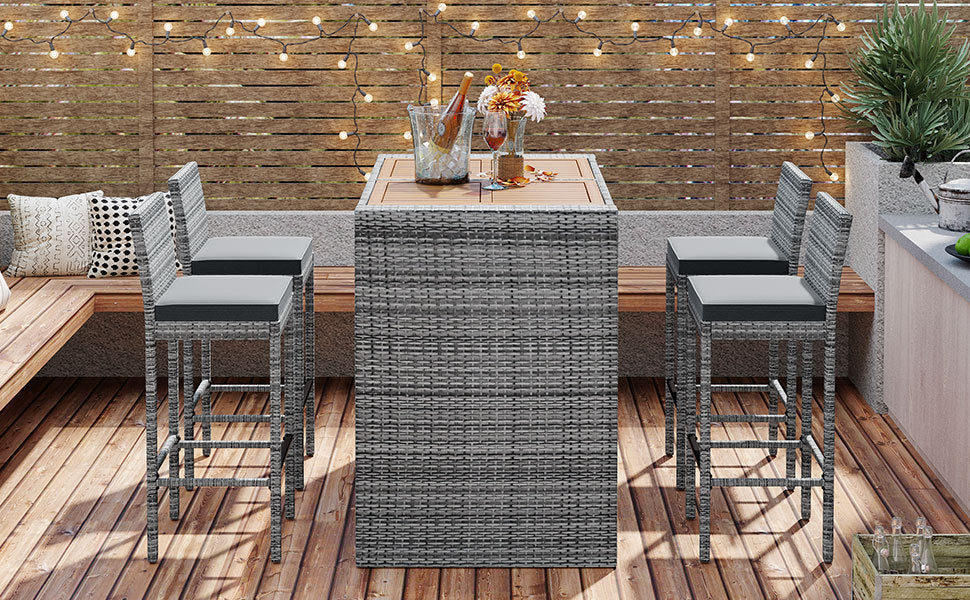 5-piece Outdoor Patio Wicker Bar Set, Bar Height Chairs With Non-Slip Feet And Fixed Rope, Removable Cushion, Acacia Wood Table Top, Brown Wood And Gray Wicker