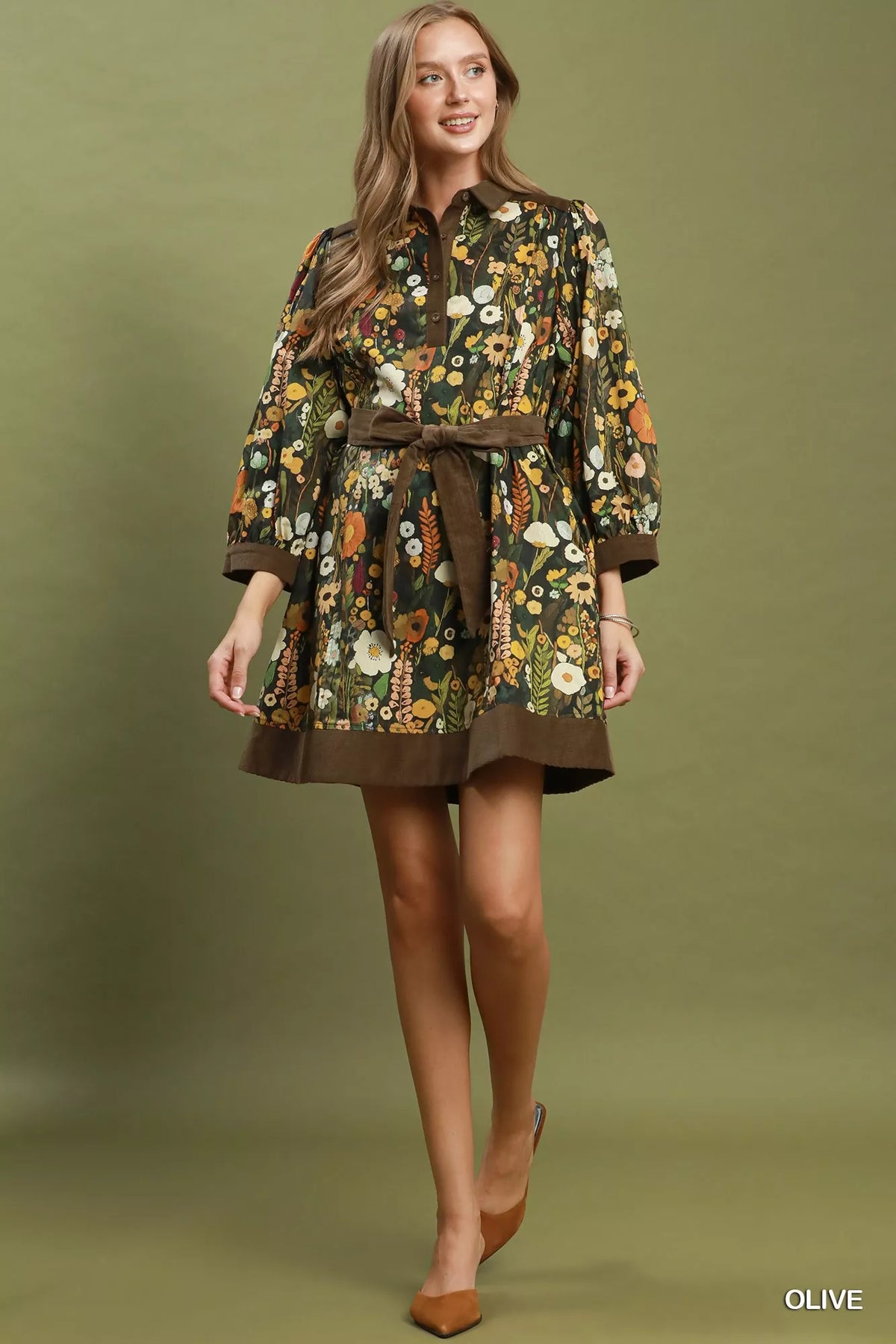 Umgee Floral Print Belted Puff Sleeve Mini Dress