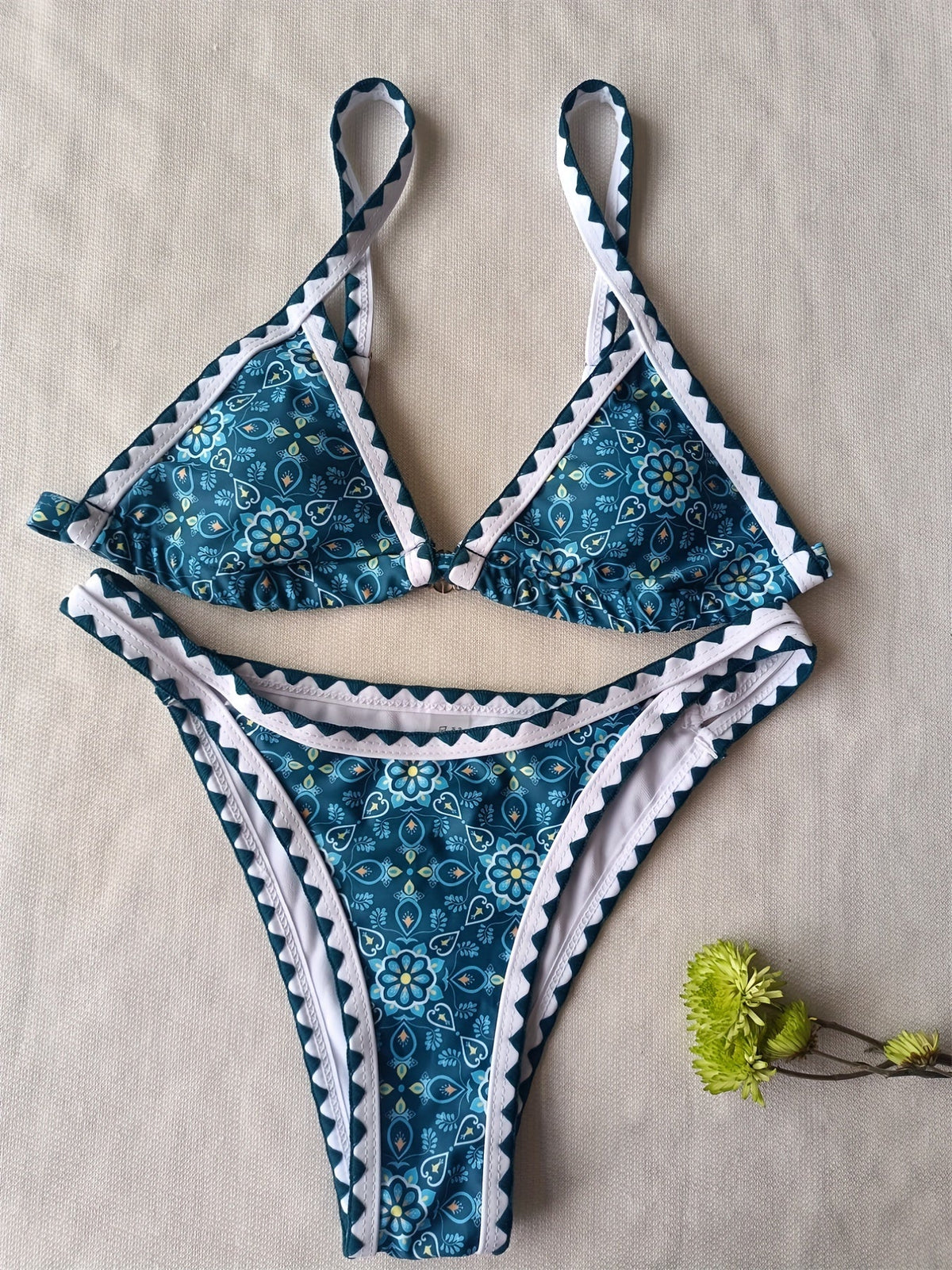 New Blossom Charm High-Cut Bikini Set For Summer – Strapless Floral Print Swimsuit with Elegant Embroidered Cut-Out Triangular Top Contrast Trim and Back Buckle – Women’s 2-Piece Summer Beachwear