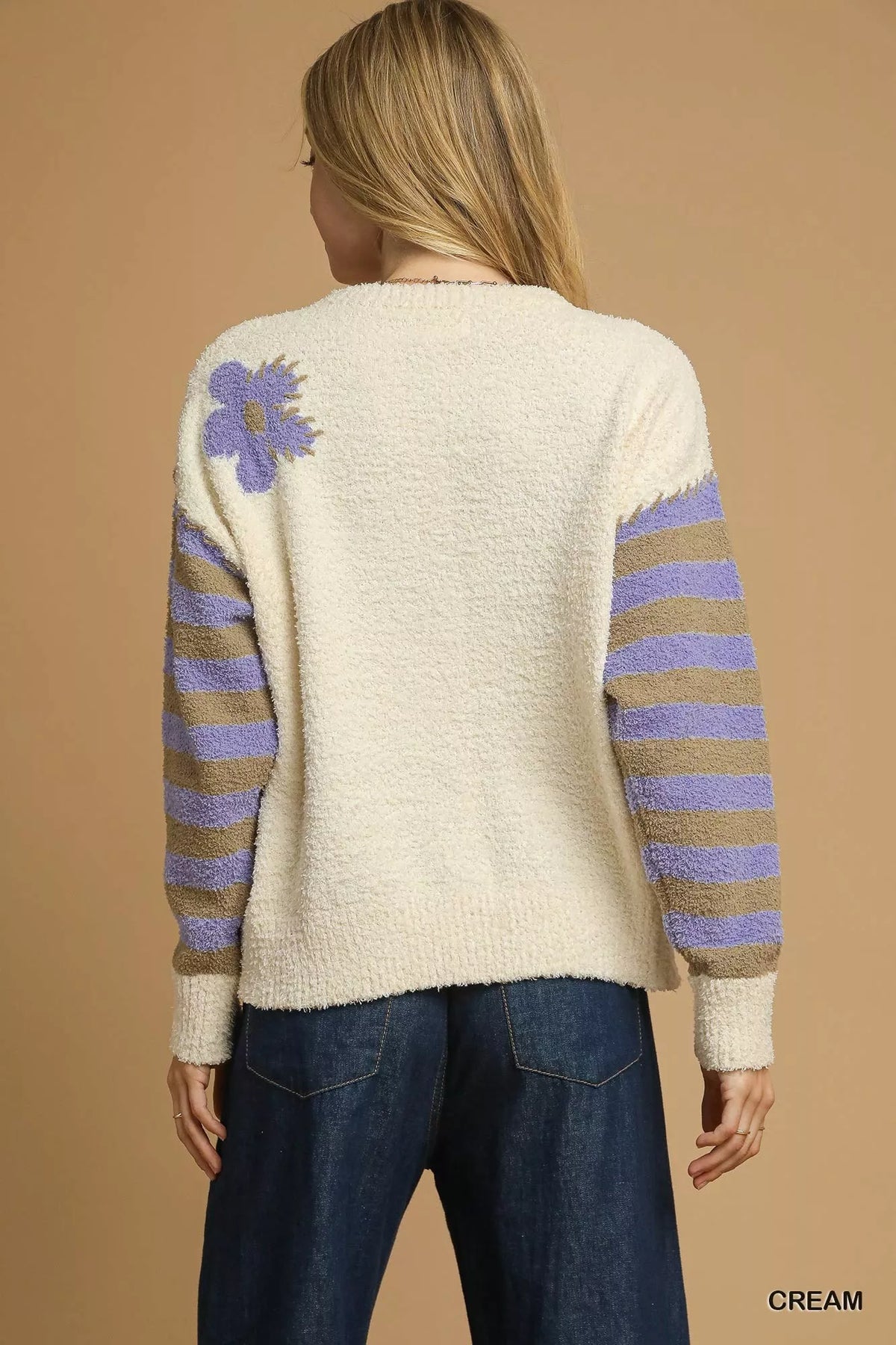 Umgee Flower Jacquard Striped Long Sleeve Sweater