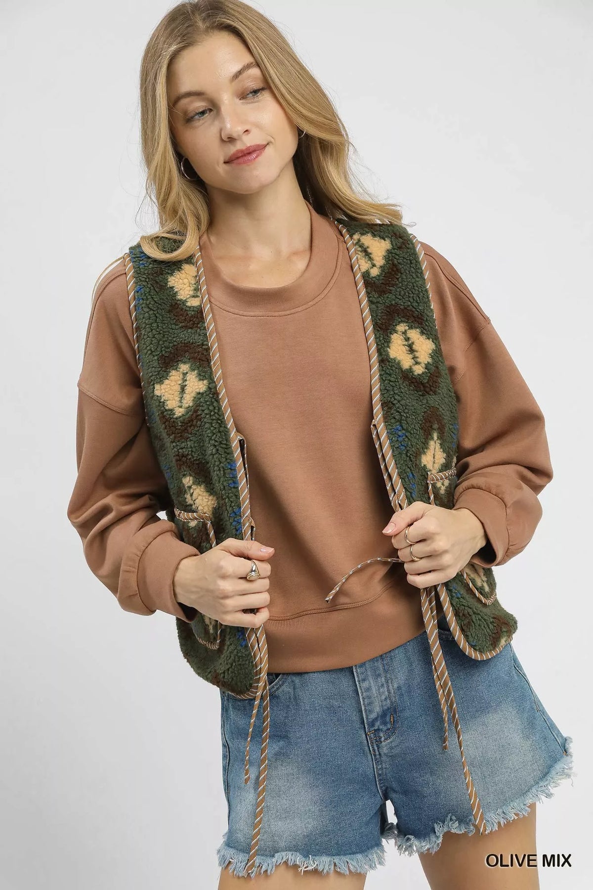 Umgee Mix Patterned Sherpa Tie-Front Vest