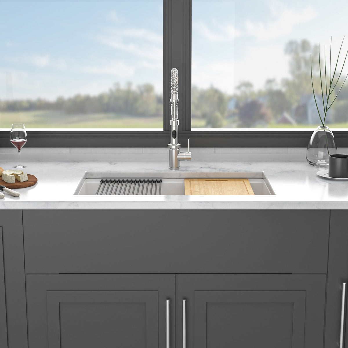 Quartz Kitchen Sink - 32' x 19' White Granite Composite Workstation Undermount Kitchen Sink