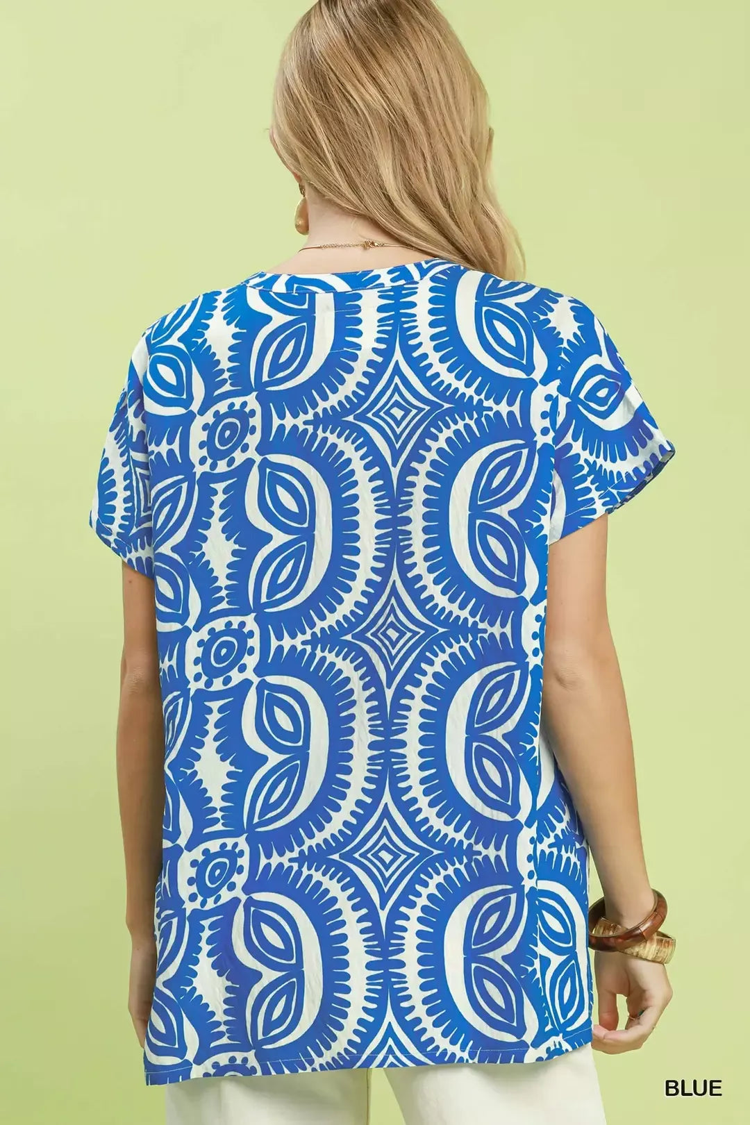 Umgee Geometric Print V-Neck Short Sleeve Top