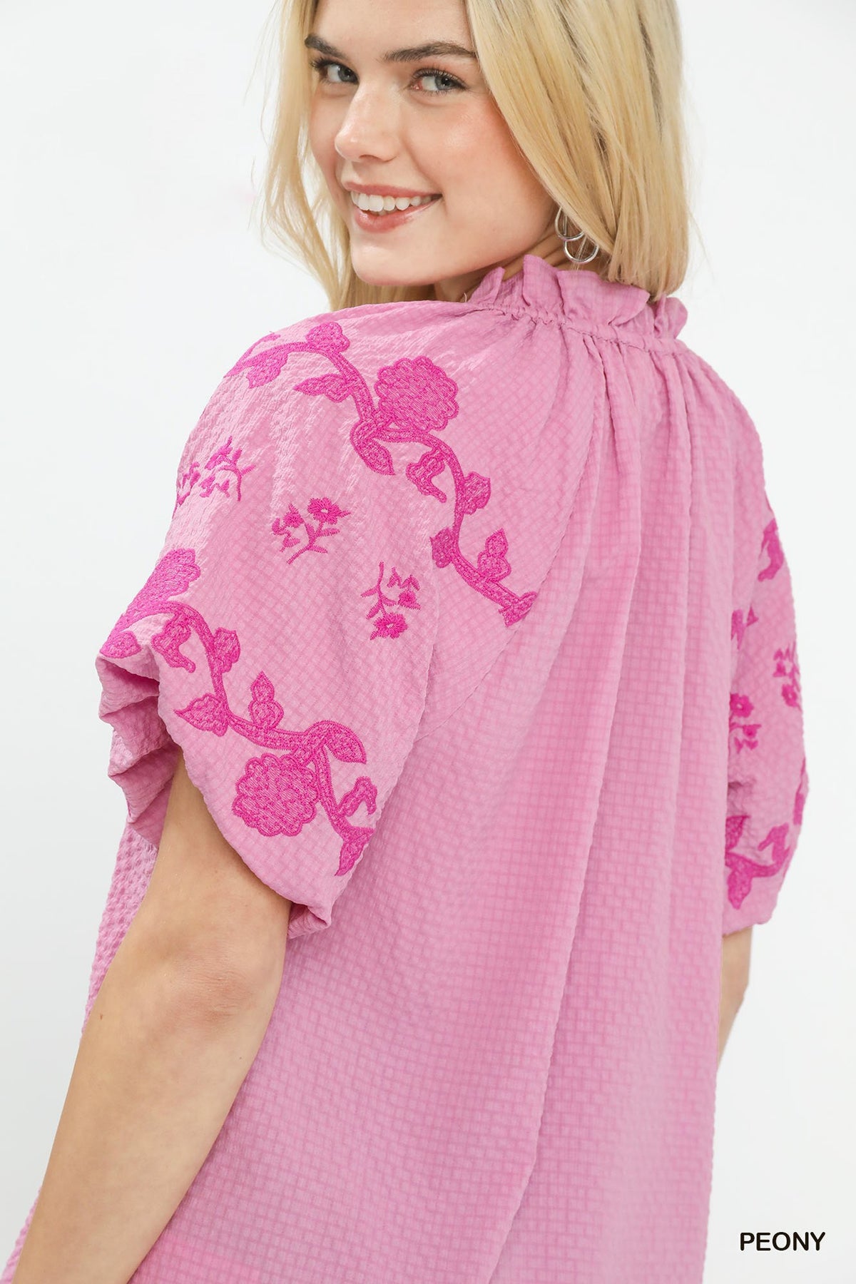 Umgee Embroidered Textured Flutter Sleeve Top