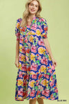 Umgee Floral Print Puff Sleeve Tiered Midi Dress