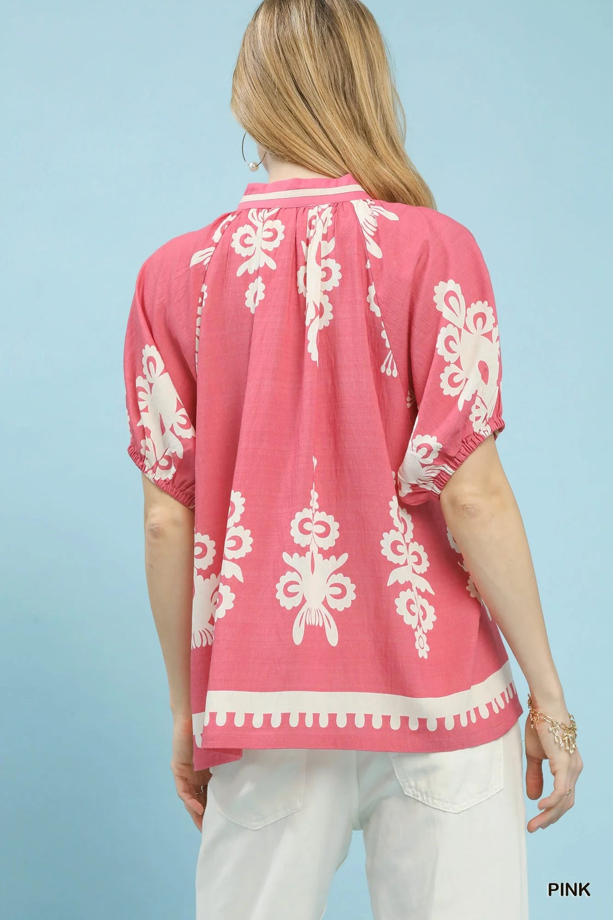 Umgee Boho Print Split-Neck Short Sleeve Top