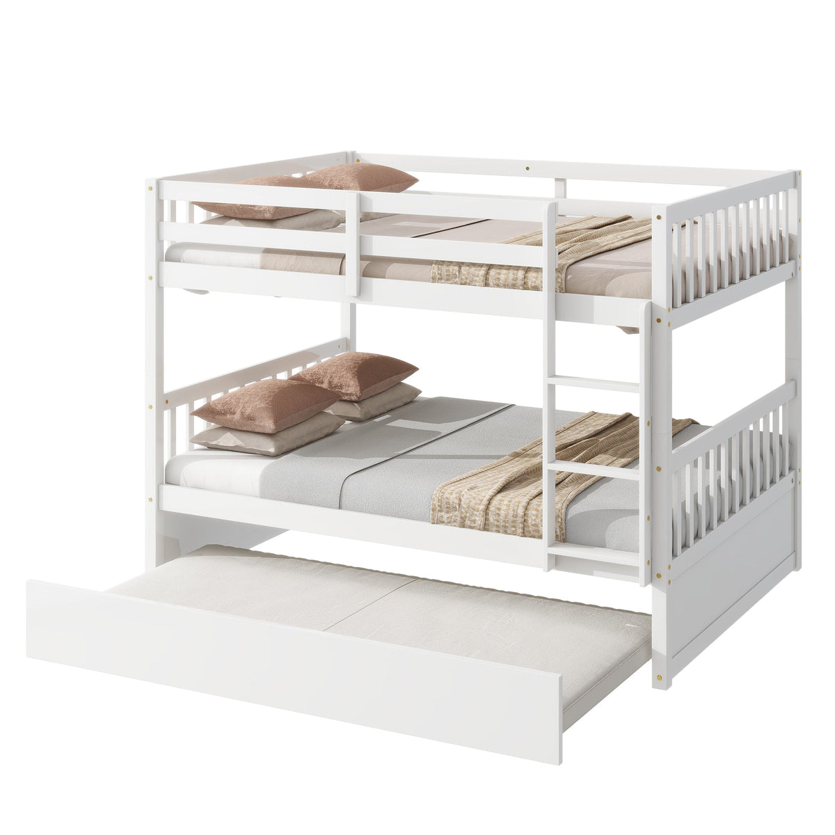 Full Over Full Rubber Wood Bunk Bed with Trundle, Ladder and Guardrails, Convertible to 2 Full Size Beds, with Twin Size Trundle,White