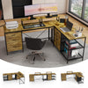 Industrial L-Shaped Computer Desk with Power Outlets & USB-C, Rustic Brown Metal Frame, 6 Fabric Drawers, 3 Open Shelves, Movable Monitor Stands, 114 Inch Corner Office Desk for Gaming and Work