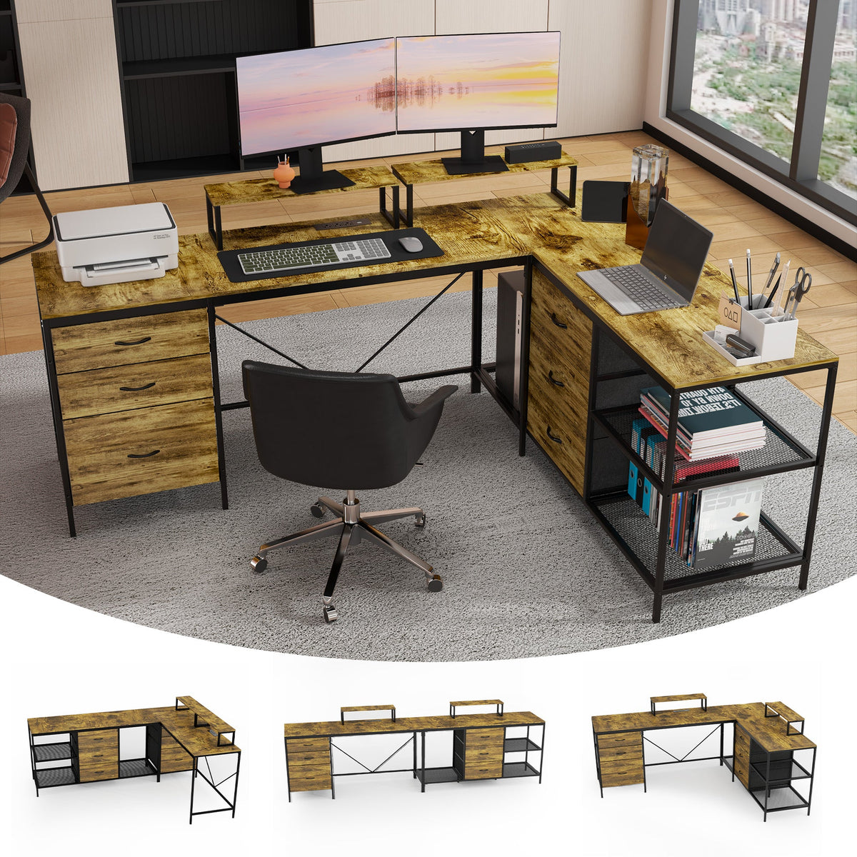 Industrial L-Shaped Computer Desk with Power Outlets & USB-C, Rustic Brown Metal Frame, 6 Fabric Drawers, 3 Open Shelves, Movable Monitor Stands, 114 Inch Corner Office Desk for Gaming and Work