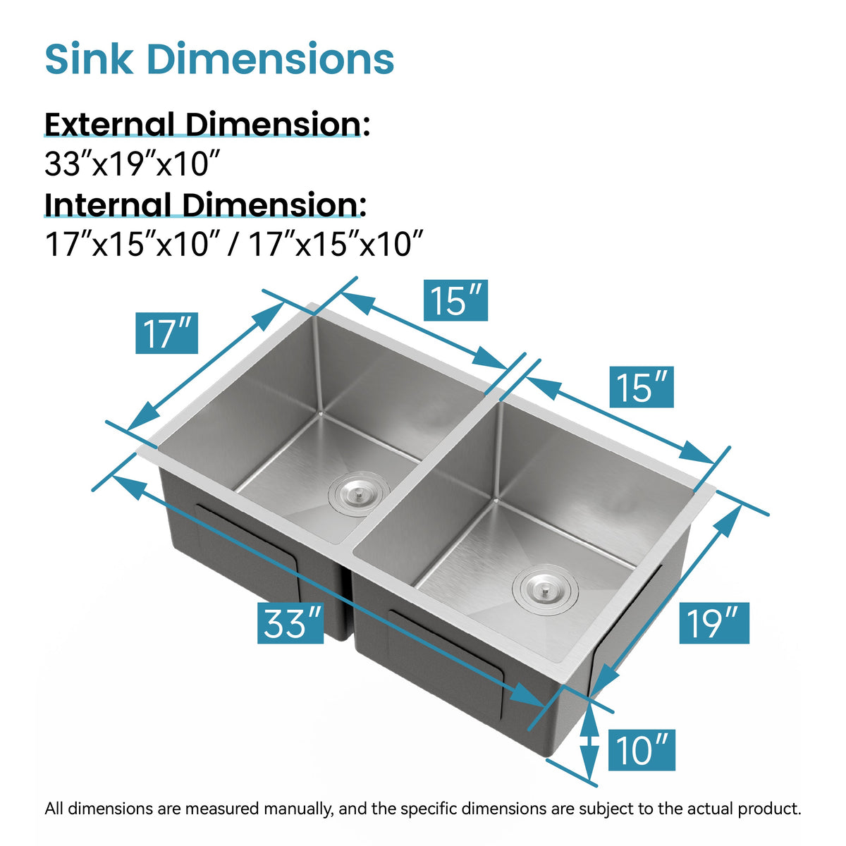 33'x19' Embedded Double Bowl Kitchen Sink, Undermount Handmade Sink in Brushed (Sink only)