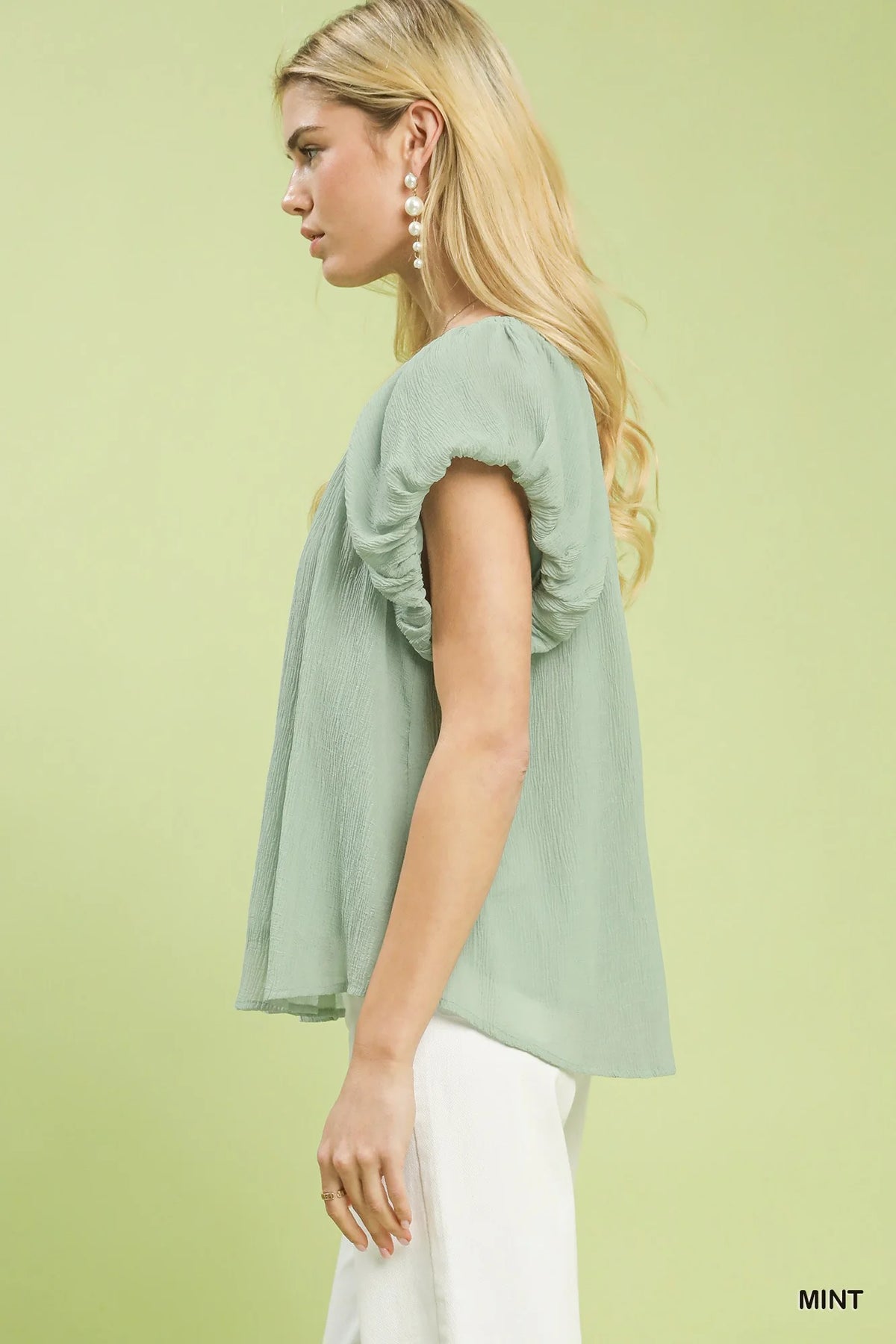 Umgee Crinkle Flutter Sleeve Peasant Top