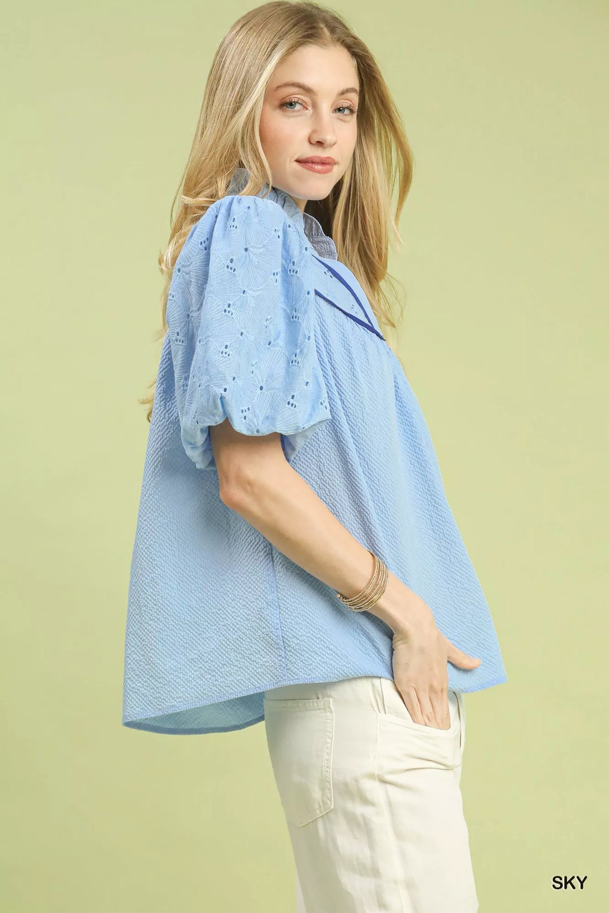 Umgee Puff Sleeve Eyelet Mix Top with Contrast Piping