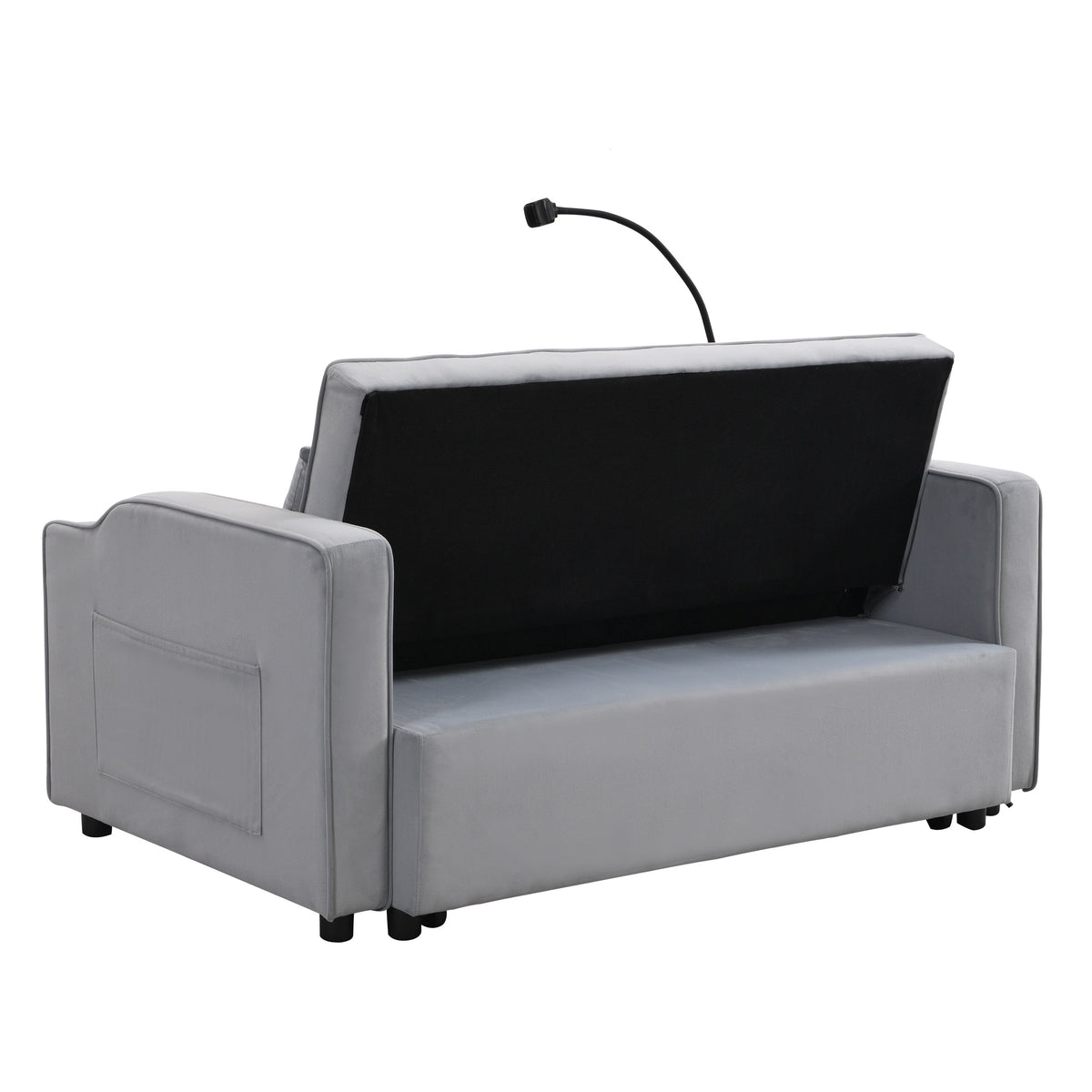 Modern Velvet Loveseat Futon Sofa Couch with Pullout Bed, Adjustable Backrest, Toss Pillows, Light Gray