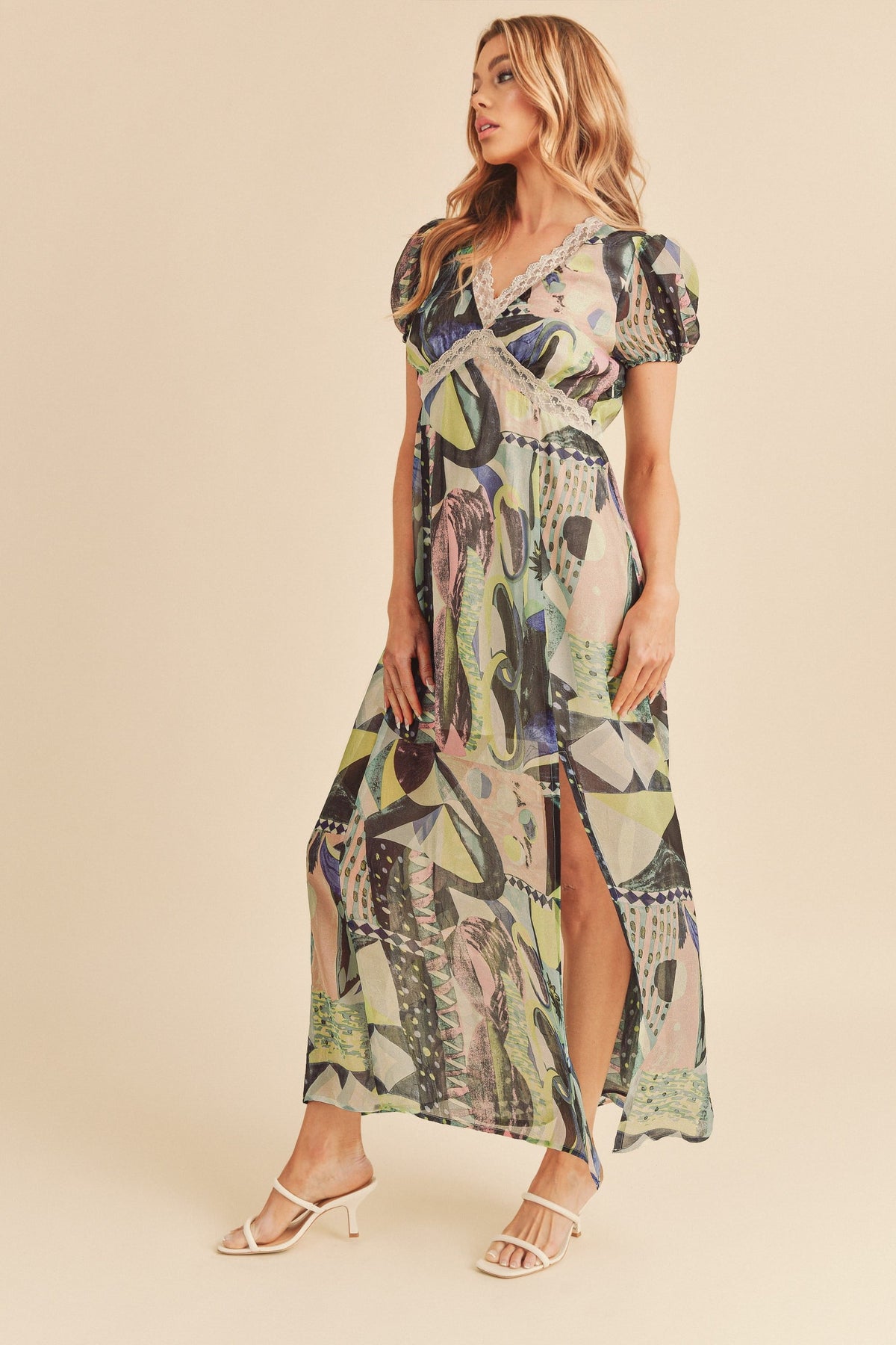 Lace Detail Slit Geometric Print Short Sleeve Maxi Comfortable Dress For Women, Elegant Lace, Alluring Slit, Sophisticated Geometric Print for Casual & Dressy Occasions