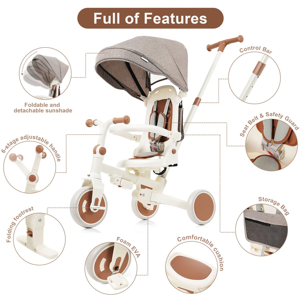 7 in 1 Baby Tricycle, Foldable Toddler Tricycle with Removable and Adjustable Parent Handle, Toddler Push Bike with Removable Pedal, Canopy, and Guardrail, Tricycle for 12-72 Months, ivory and brown