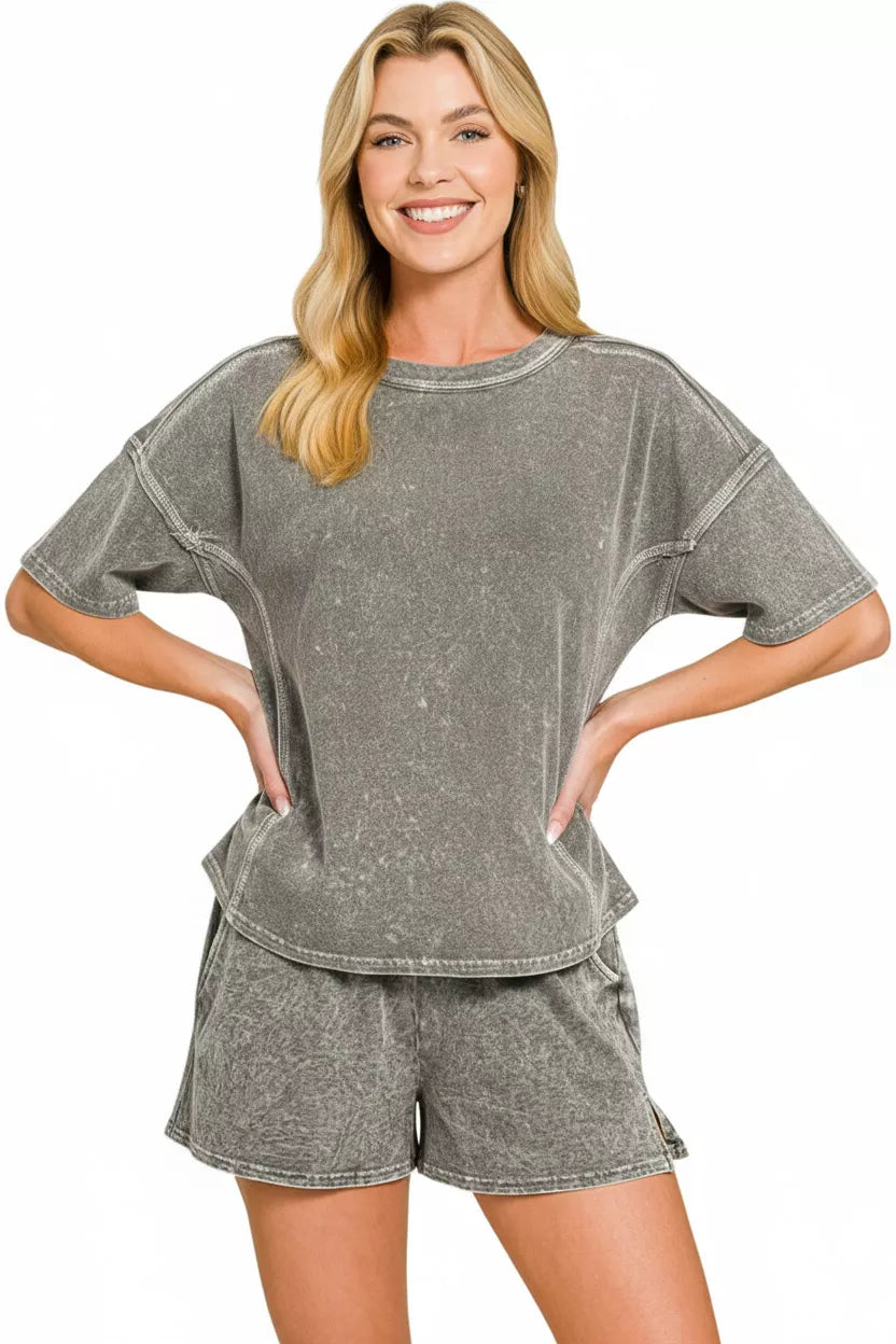Zenana Halo Snow Washed Short Sleeve Tee and Shorts Set