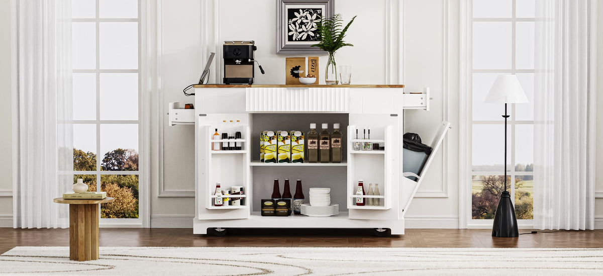 K&K Fluted Kitchen Island with Trash Can Storage Cabinet, Power Outlet, Internal Storage Rack, Rolling Kitchen Islands on 5 Wheels with 3 Drawer, 3 Open Side Racks for 10 Gallon Garbage Bin, White