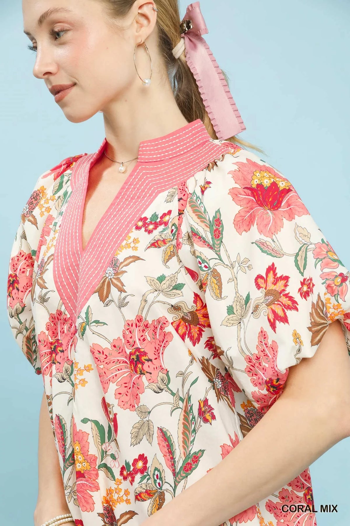 Umgee Mix Floral Puff Sleeve Blouse