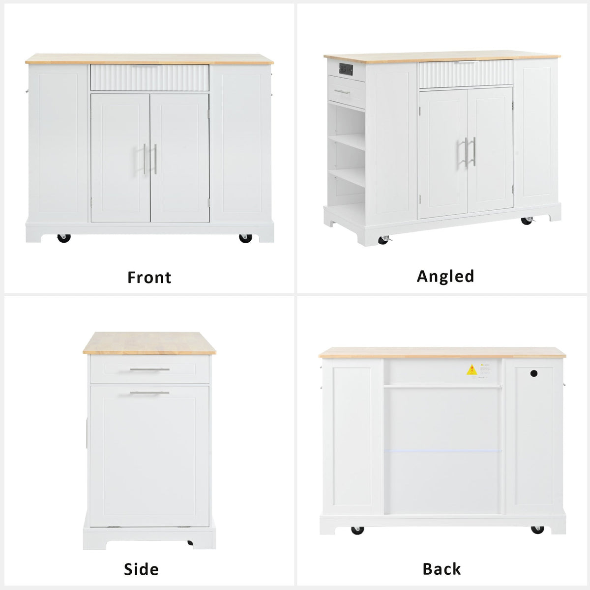 K&K Fluted Kitchen Island with Trash Can Storage Cabinet, Power Outlet, Internal Storage Rack, Rolling Kitchen Islands on 5 Wheels with 3 Drawer, 3 Open Side Racks for 10 Gallon Garbage Bin, White