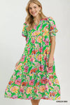 Umgee Floral Print Puff Sleeve Tiered Midi Dress