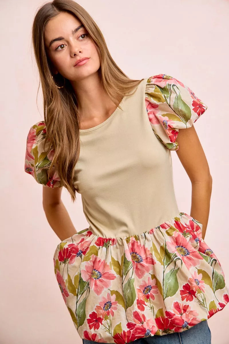 BiBi Floral Printed Bubble Sleeves and Hem Peplum Top