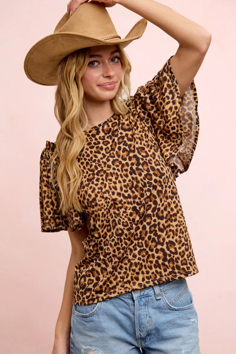 BiBi Leopard Printed Spandex Jersey Ruffle Sleeve Top