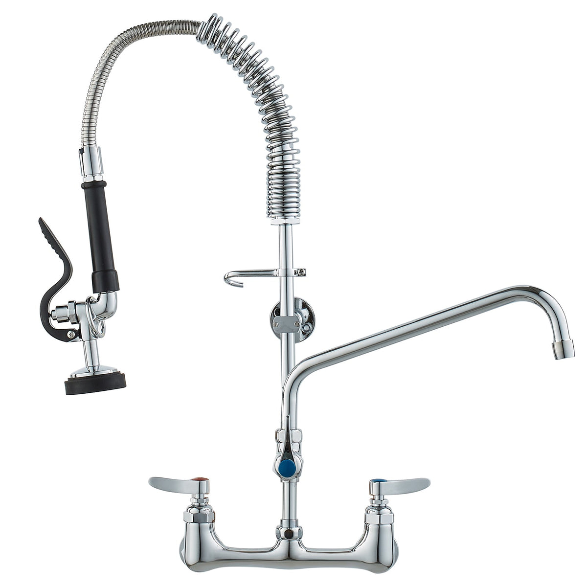 Commercial Faucet with Pre-Rinse Sprayer, 25' Height, 8' Center, 12' Swing Spout, Wall Mount Kitchen Sink Faucet, Brass Constructed Device with Pull Down Spray, for 1/2/3 Compartment Sink