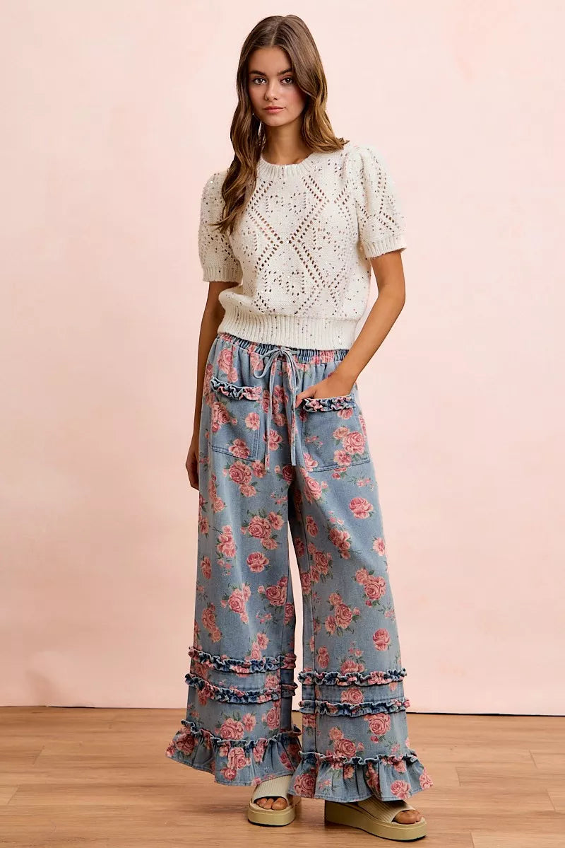 BiBi Washed Floral Denim With Ruffle Elastic Wide Pants
