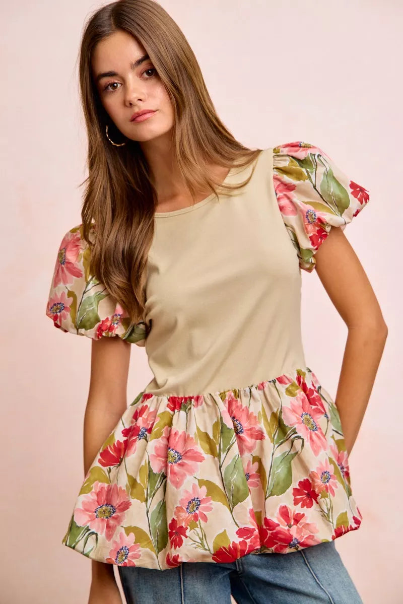 BiBi Floral Printed Bubble Sleeves and Hem Peplum Top