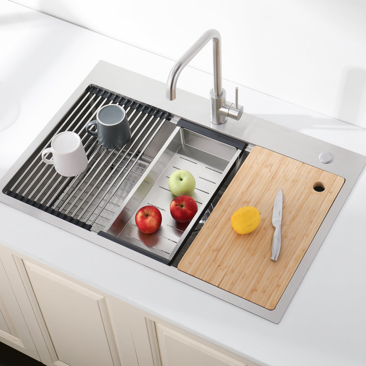 Stainless Steel Kitchen Sink, 36″x22″ Single Bowl, Overmount Handmade Sink in Brushed, with Cutting Board, Colander, Grid, SS-BR01-362208