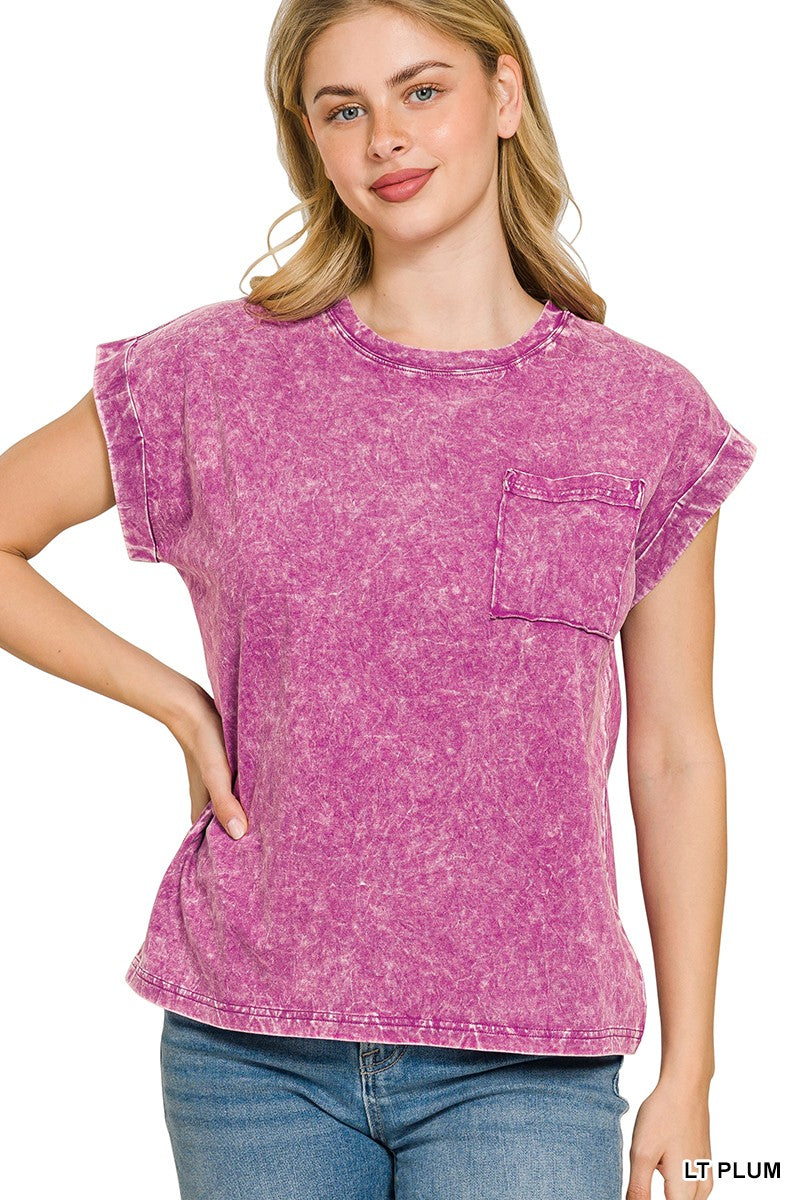 Zenana Full Size Crinkle Washed Round Neck Folded Short Sleeve Tee Plus Size